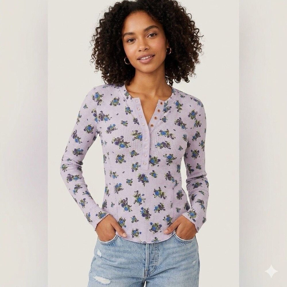 Free People Intimately XS Waffle Knit Henley Top Floral Lavender Thermal Blue XS